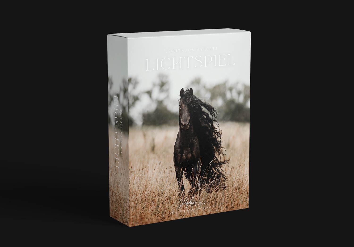 Produktbox «Lightroom Presets Lichtspiel» mit schwarzem Pferd im hohen Gras